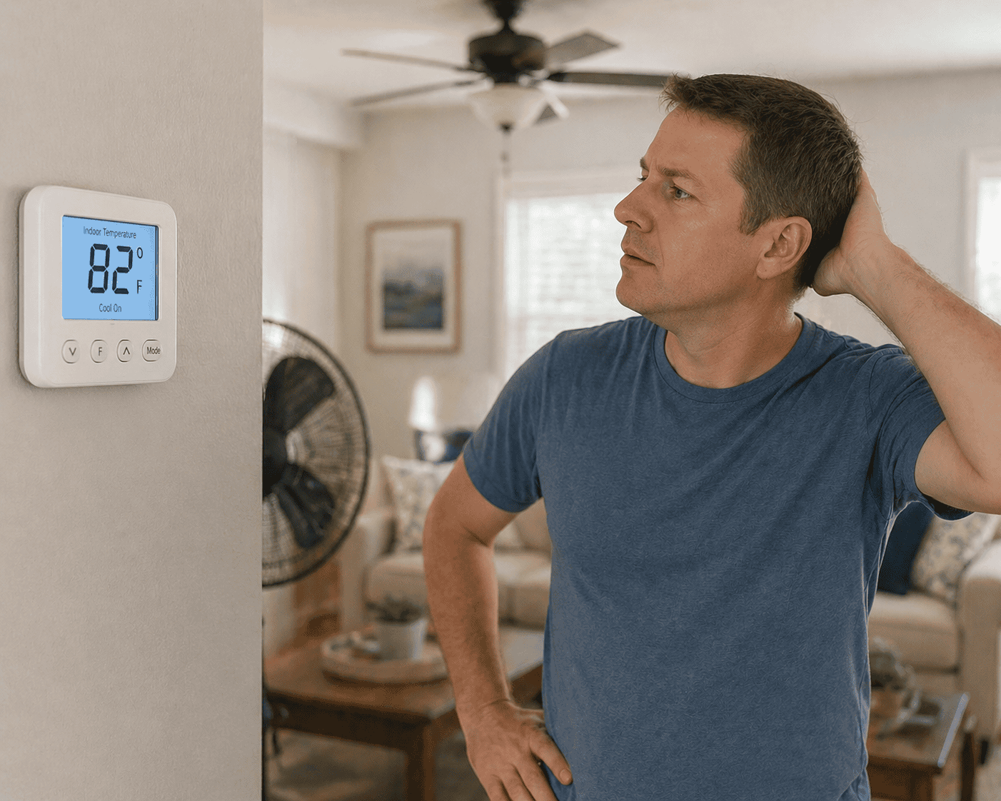 Homeowner checking thermostat reading 82 degrees during AC not cooling issue in Greensboro GA