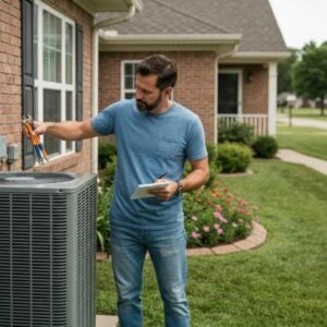 Landlord inspecting an HVAC system, illustrating key responsibilities for rental property maintenance