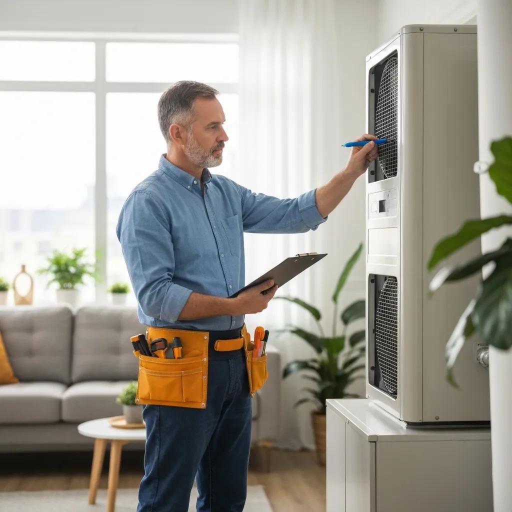 Landlord inspecting HVAC system in a rental property, emphasizing landlord responsibilities and tenant comfort